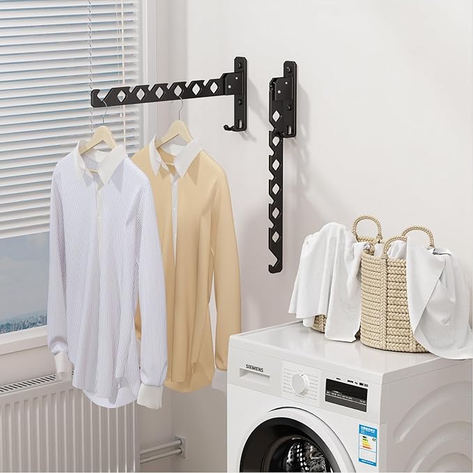 Wall Mounted Clothes Drying Rack, Wall Clothes Hanger Hook for Laundry Room, Clothes Hanger Foldable, Wall Clothes Rack Indoor, Perfect for Small Spaces, Matte Black 2 Packs