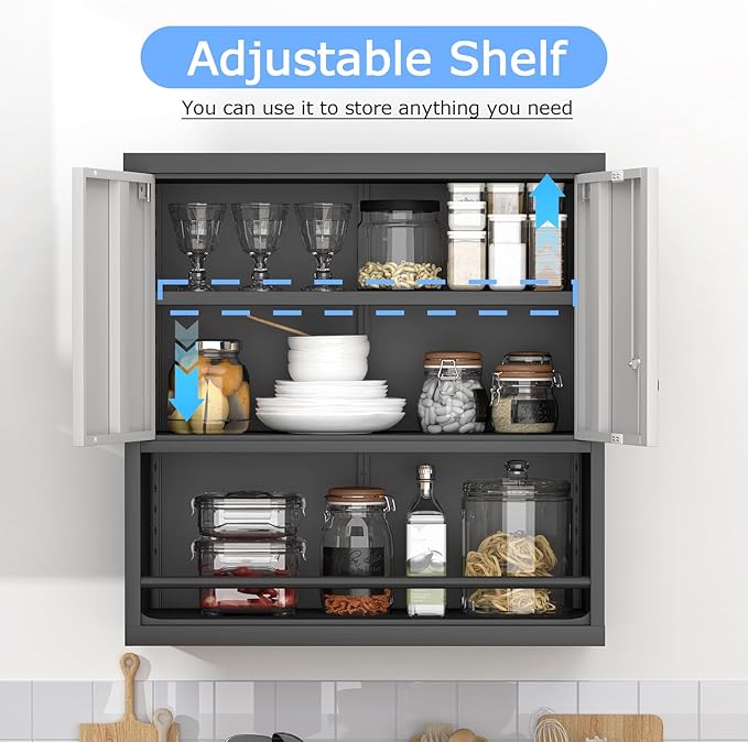 Metal Cabinet Wall Mounted, Garage Wall Storage Cabinets with 2 Door & Adjustable Shelves, Metal Wall Storage Cabinet for Bathroom, Office, Warehouse