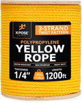Yellow Twisted Polypropylene Rope, 1/4" Thickness x 1200' Length Heavy Duty Poly Ropes for Outdoor and Marine Use, Yellow Rope for Visibility & Safety