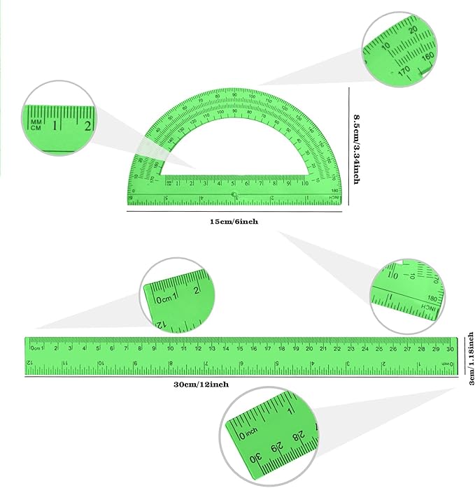 2 Packs 12 Inch Plastic Ruler and 6 Inch Plastic Protractor Set Clear Math Geometry Set Classroom Set Angle Detector School Supplies Classroom Ruler Home Office Drawings (Green)