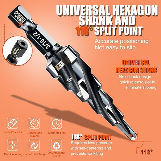 Four Spiral Flute Step Drill Bit for Metal,M35 Cobalt Unibit Step Drill Bit Set 3/16"-1/2"(6 Sizes),Wear-Resistant AlTiN Coated,1/4" Hex Shank for Metal, Stainless Steel, Aluminum, Plastic