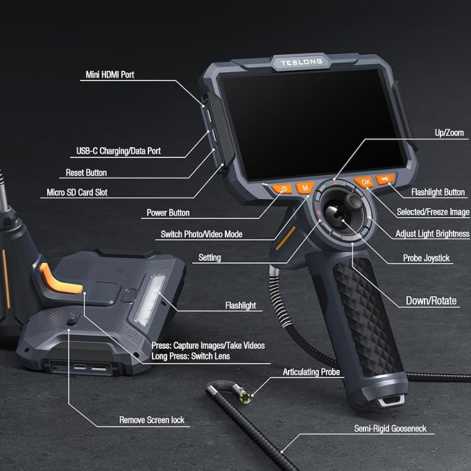 Teslong Dual Lens 360 Articulating Borescope with 6” Monitor, Inspection Camera with 4-Way Joystick Articulation, HD Steerable Endoscope with Light, See in Wall Engine Hole Camera(0.24inch-5FT)
