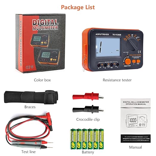 Megohmmeter 1000V Insulation Resistance Tester, 1999 Counts Megaohm Meter Big LCD Display DCV ACV Megohm Meter DC250/500/1000V, 200MΩ~2000MΩ Resistance Testing with Data Hold Backlit for Motor Cables