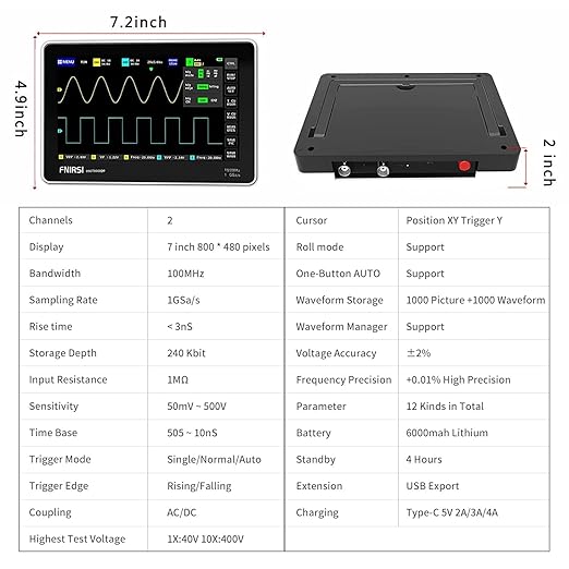 FNIRSI 1013D Plus Oscilloscope - Portable Handheld Tablet Oscilloscope with 100X High Voltage Probe, 2 Channels 100Mhz Bandwidth 1GSa/s Sampling Rate 7" TFT LCD Touch Screen