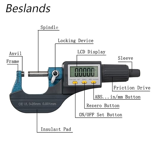 Beslands Digital Electronic Display Micrometer 0-1" / 0-25mm Gauge 0.00005" / 0.001mm Thickness Measuring Tools for Mechanics Inch/Metric Calipers, Machinist Micrometer, Protective Case with Battery