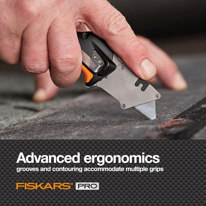 Fiskars Pro Retractable Folding Utility Knife, Box Cutter with Long-Lasting CarbonMax Razor Blade and Dual Lock Safety, Orange/Black