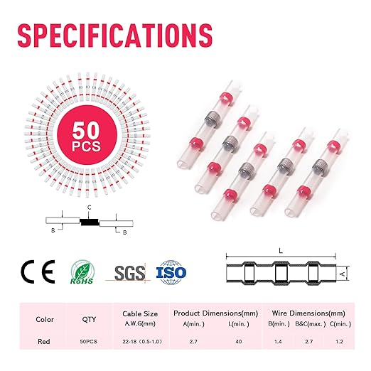 Kuject 50PCS Solder Seal Wire Connectors AWG 22-18, Red Solder Seal Heat Shrink Butt Connectors Terminals Solder Sleeve Waterproof Wire Splice Connector for Marine Automotive Boat Wire Joint
