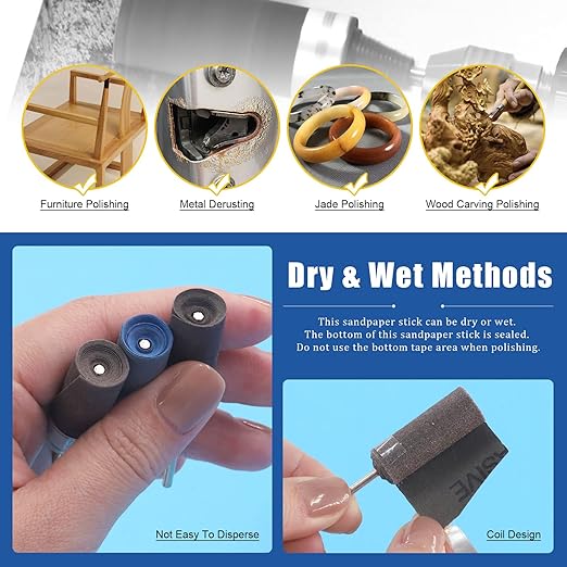 Glarks 10Pcs Sanding Drums Sleeves Polishing Rolls, Abrasive Grinding Head Sandpaper Bar Sticks, 180/240/320/400/600/800/1000/1200/1500/2000 Grit Cylinder Polishing Grinding Mounted Sanding Points