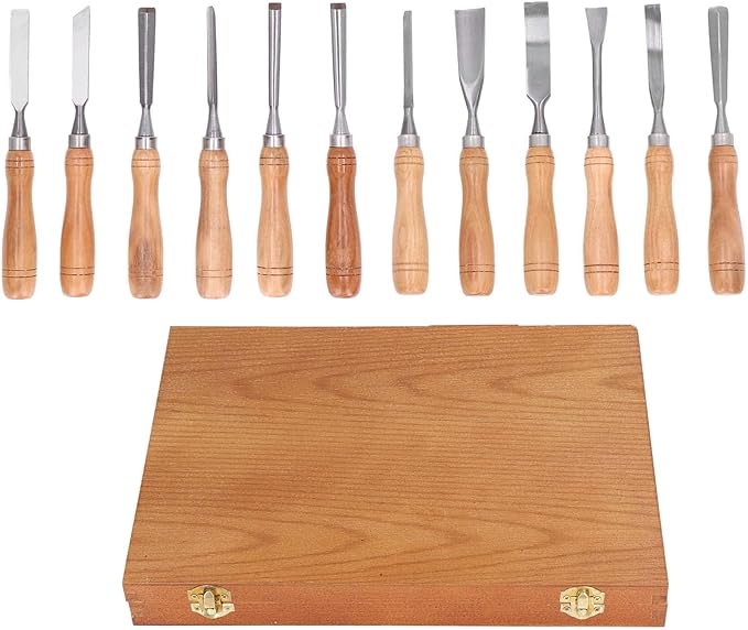 Cunyuer 12 PCS Wood Carving Tools, 60CRV Blade Wood Chisel Sets with Wooden Case, Woodworking Chisel for DIY Handicrafts