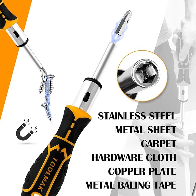 13-in-1 Ratcheting Screwdriver Set, Adjustable Multi-bit with Magnetic Tips (Flat, Phillips, Torx, Hex, Square, Nut Drivers), Cushion Grip Handle