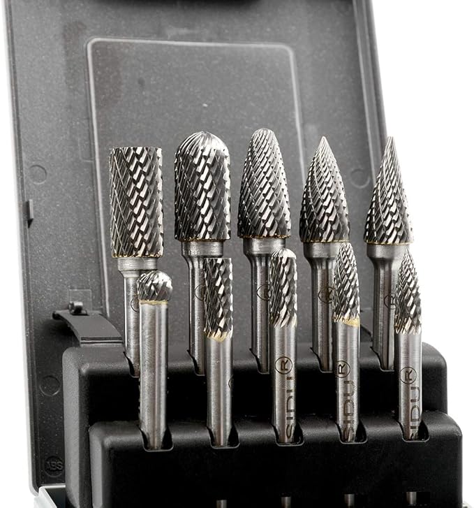 Carbide Burr Set 10pcs Die Grinder Bits 1/2 Inch Cutting Burrs 1/4 Inch Shank Double Cut Carbide Rotary Burr Set for Die Grinder Drill,Metal Carving,Polishing,Engraving,Drilling