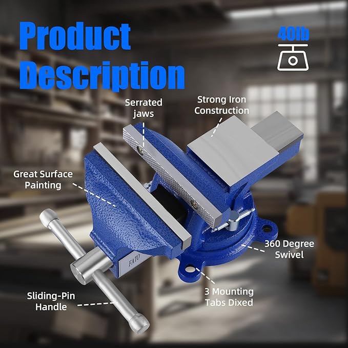 FATO 5" Bench Vise 5 Inch Light Work Bench Vise Ductile Iron 360° Degree Swivel Base and Head with Anvil, Utility Combination Pipe Home Vise for Woodworking