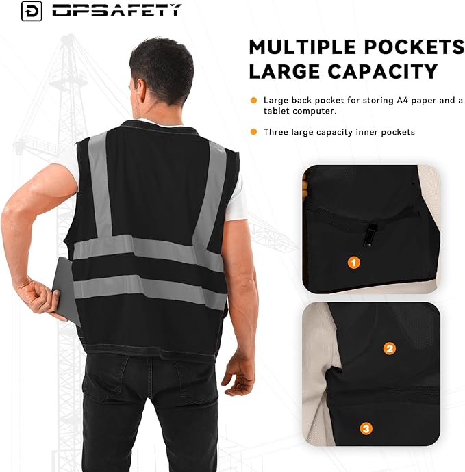 Reflective Safety Vest with Back Pouch, Hi Vis Class 2 Heavy Duty Surveyor Vest with Zipper, ANSI/ISEA Standard, Men's & Women's (Black, 5XL)