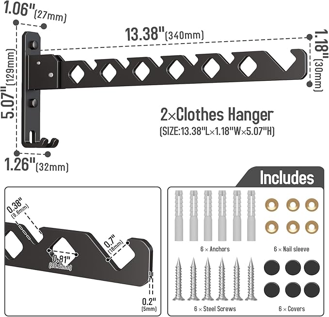 Wall Mounted Clothes Drying Rack, Wall Clothes Hanger Hook for Laundry Room, Clothes Hanger Foldable, Wall Clothes Rack Indoor, Perfect for Small Spaces, Matte Black 2 Packs