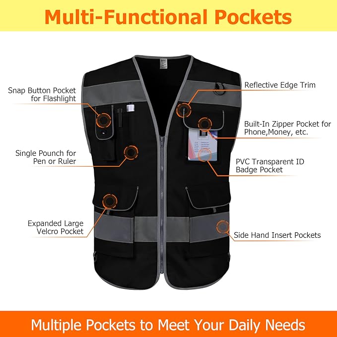 TCCFCCT High Visibility Safety Vest for Men Women 9 Pockets Hi Vis Reflective Vest for Safety, Work Vest with Reflective Strips, Meets ANSI/ISEA Standards, (Black, 5X-Large)
