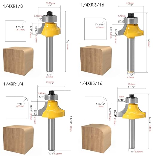 1/4Shank 4pcs Corner Rounding Bit Set(5/16" 3/16" 1/4" 1/8" Radius 4Pcs) Corner Rounding Edge-Forming Roundover