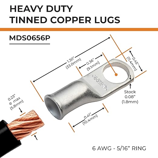SELTERM 10pcs 6 AWG-5/16 Stud Tinned Copper Wire Lugs, Heavy Duty Battery Cable Ends,6 Gauge Ring Terminals, UL Battery Lugs Marine Grade Copper Eyelets Electrical Battery Terminal Connectors