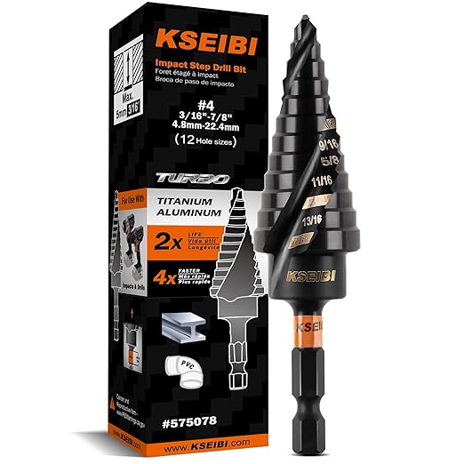 KSEIBI 12 Steps 3/16-7/8 inch SAE Standard Industrial Grade Step Drill Bit Ready Impact 1/4 inch Shank, 575078 High-Speed Steel Metal Drill Bits Black Oxide M2 Material