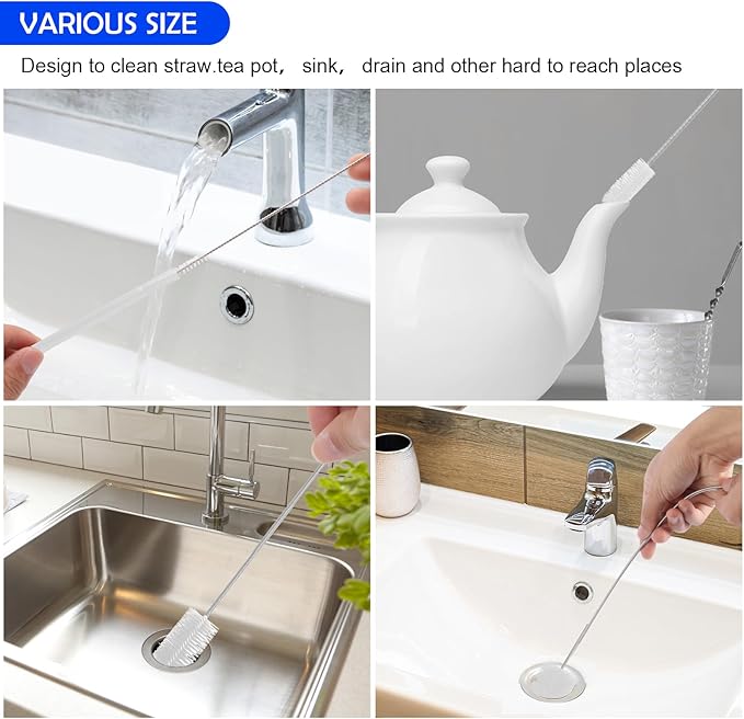 6Pcs Flexible Drain Brush 78 Inch Pipe Cleaning Brush 63 Inch drain cleaner brush 59 Inch Hose Brush and 3 Pcs 9 Inch Straw Cleaner Brush for straws Kitchen Sink Plumbing and Shower Drain Tube (White)