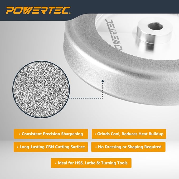 POWERTEC CBN Grinding Wheel 6 Inch 320 Grit, 1-1/4" Wide, 1/2" Arbor – 4-in-1 CBN Sharpening Wheel with 1/4" Radius Edge and Side Face for Bench Grinder (15708)