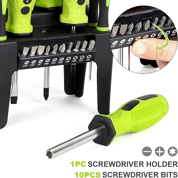 FASTPRO 21-Piece Magnetic Screwdrivers Set with Organizer Rack, Slotted Phillips Screwdrivers and Precision Screwdrivers, Repair Tool Kit for Home, Green