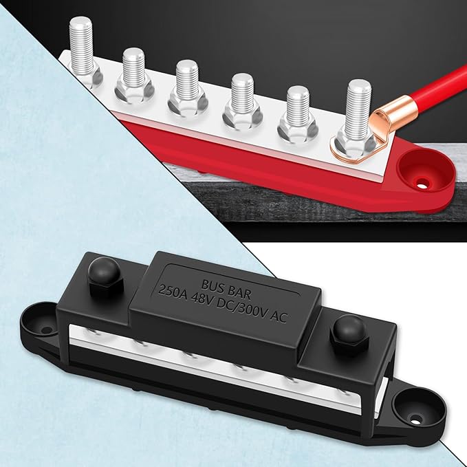 250A 12V Bus Bar Marine, 1/4" Power Distribution Block, Battery Buss Bar, Automotive Busbar Terminal Block for Car and Boat, 6 x 1/4"(M6) Studs (Black+Red)