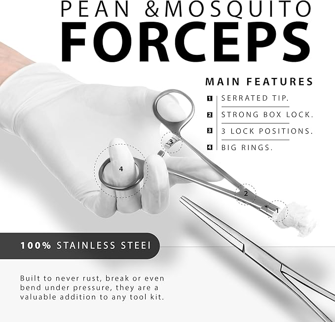 Hemostats ROCHESTER PEAN Forceps Locking Pliers Clamps Tongs Full Serrated Stainless Steel (Straight 5,6.25,7.25, 8,10,12 Inches 6 pcs Set)