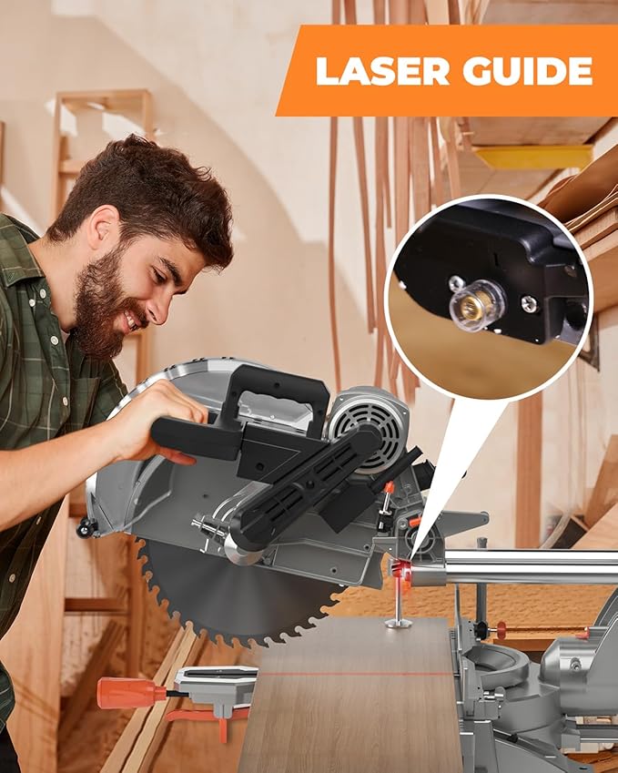 12-inch Compound Miter Saw with Double Bevel Cutting (-45/0/+45), Laser Guide, 9 Positive Stops, 3800RPM, 15Amp Miter Saw with Extension Table, 4.2x13in Cutting Capacity