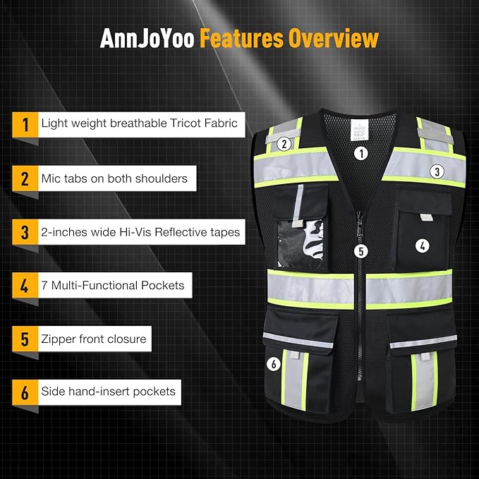 Class 2 Safety Vest with Zipper Front and multiple Pockets, High Visibility Vest, Meets ANSI/ISEA Standards