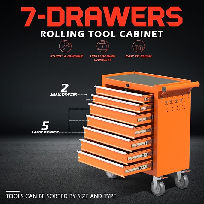 7-Drawer Rolling Tool Chest,Metal Rolling Tool Chest with Wheels and Locking Tool Box,Portable Metal Tool Box for Warehouse,Garage, Repair Shop, Workshop (Orange,7-Drawer)
