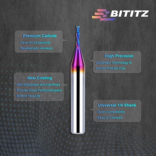 2PCS Downcut Spiral Router Bit 1/4 Inch Shank 1/16 Inch Cutting Diameter 1/4 inch Cutting Length with Extra Long Life Coating CNC Router Bits End Mill for Wood Cutting, Slot Mortise, Engraving