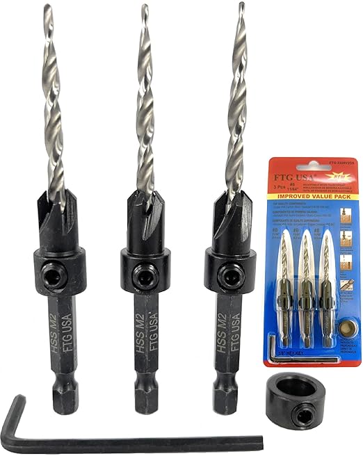 FTG USA Countersink Drill Bit Set for Wood with Tapered Drill Bit 3 Pc #8 (11/64")