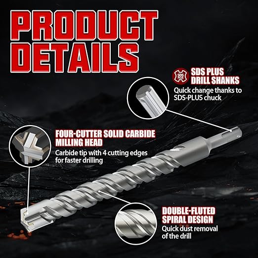 CSOOM SDS Plus Rotary Hammer Drill Bit 7/8"x12.2", Professional Concrete Drill Bit for Concrete, Brick, Stone and Cement Walls