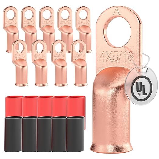 AIRIC 10 PCS UL Listed 4 AWG - 5/16" Battery Cable Lugs, Heat Shrink Ring Terminals End, Copper Cable Ends, Wiring Connector Terminal, Electrical Crimp Connectors, Wire Lug for 4 Gauge Wires