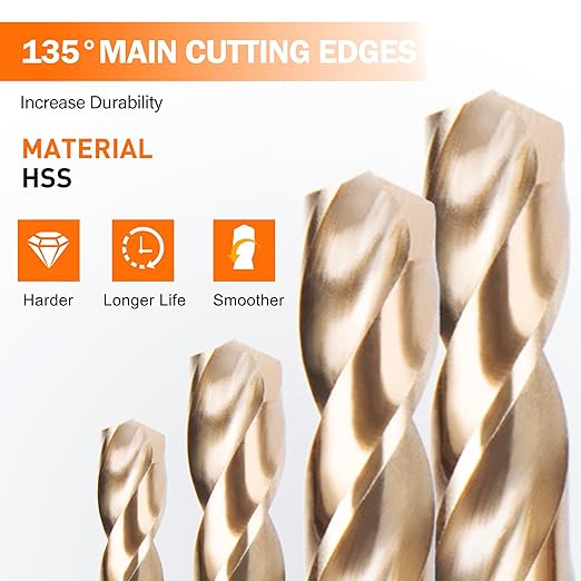 KENDO 115 Pieces Cobalt Drill Bit Set, M35 High Speed Steel Bits Twist Jobber Length Drill Bit Kit for Metal, Cast Iron, Stainless Steel, Plastic and Wood with Storage Case, 1/16"-1/2"