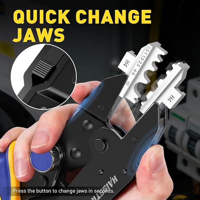 haisstronica Quick Change Jaws Crimping Tool for Non-Insulated Wire Connectors AWG 22-8 Ratcheting Wire Crimper & Terminals - H4