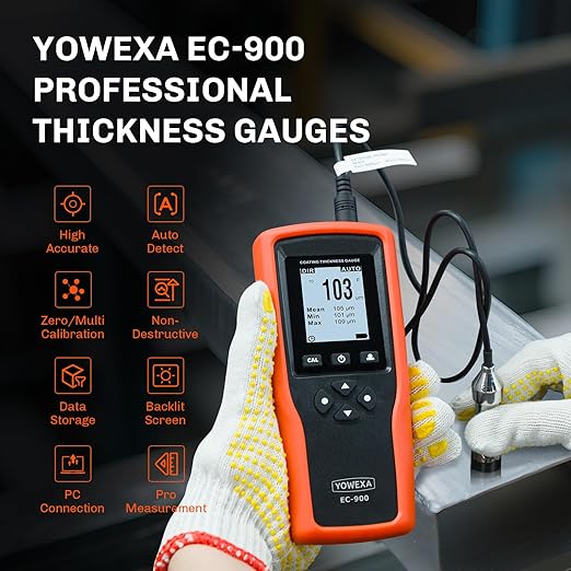 EC-900 Professional Coating Thickness Gauge with External Ruby Wear-Resistant Probe, Paint Depth Meter with Fe 0-5000μm, Non-Fe 0-3000μm Measuring Range, USB Data Transfer