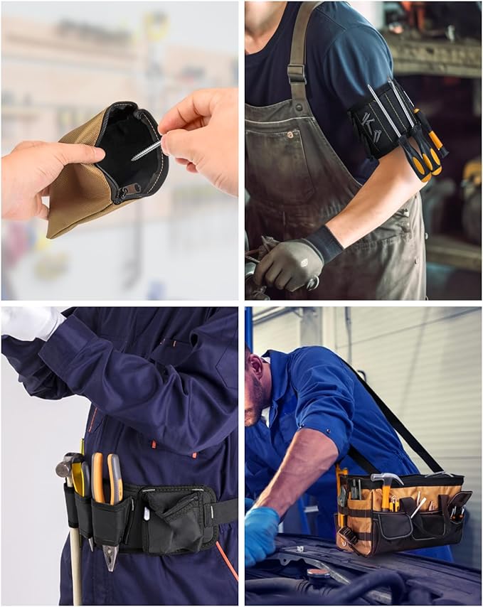 15 Inch Heavy Duty Tool Bag-48 Pockets,1680D Tear&Abrasion Resistant,Includes Tool Pouch,Tool Belt,Magnetic Wristband&Adjustable Shoulder Strap | Tool Organizer(Brown)