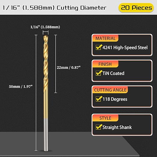 Drill Bit, 1/16" Cutting Diameter (1.588mm), 4241 HSS TiN Coated 118° Cutting Angle Versatile Jobber Bits - (Applications: for Drilling Plastic Wood Soft Thin Metal), 20-Pieces