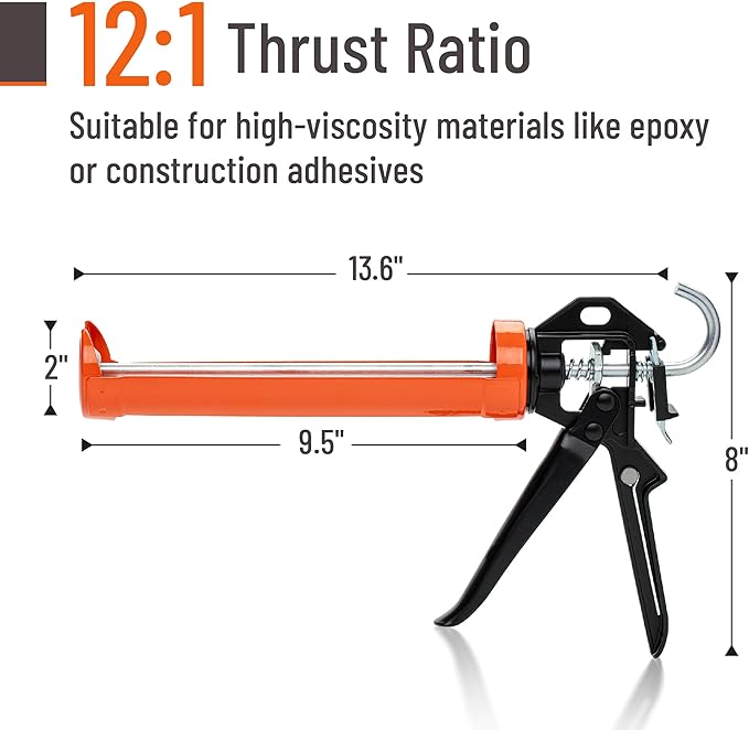 Bates- Caulking Gun, 12:1 Thrust Ratio, Black & Orange, Caulking Tool Gun, Caulk Gun No Drip, Hand Caulking Guns, Silicone Gun, Caulking Gun Tool, No Drip Caulk Gun, Caulk Guns, Caulking Gun Dripless