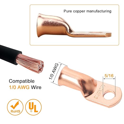 SVAAR 0 Gauge Battery Cable Ends 1/0 AWG 3/8" & 1/0 AWG 5/16" Battery Lugs 1/0AWG Bare Copper Lugs Kit 12 PCS 0 Gauge Wire Lugs Ring Terminals +12PCS 3:1 Heat Shrinks + Hex Nuts and Flat Washers