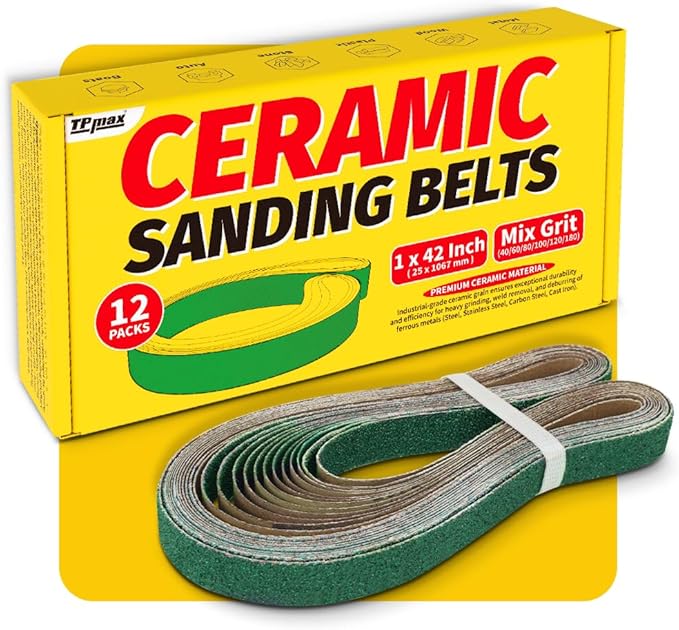 12 Pack 1 x 42 Inch Zirconia Ceramic Sanding Belts Kit – 40, 60, 80, 100, 120, 180 Grits Premium Metal Grinding Belts for Knife Sharpening, Stock Removal, and Bevel Work
