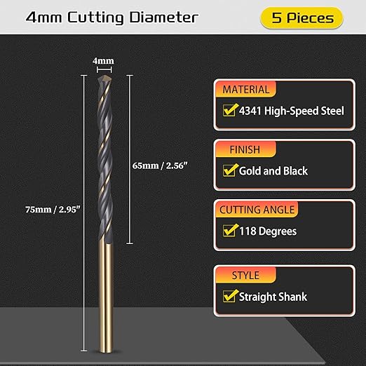 Drill Bit, 4mm Cutting Diameter, 4341 HSS Gold and Black 118° Cutting Angle Number Jobber Bits - (Applications: for Drilling Soft Metal Plastic Wood), 5-Pieces