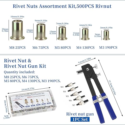 Rivet nut Tool kit,rivnut Tool,500Pcs Metric Rivet Nut Combination (M3/M4/M5/M6/M8) nutsert Tool kit，Suitable for Automotive, Marine, Decoration, Furniture, Industry, Rivet nut Set