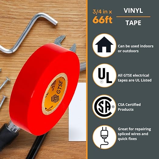 GTSE Red Electrical Tape, 10 Rolls – Waterproof, Industrial Grade Vinyl, 3/4 in x 66ft– Strong Self-Adhesive PVC Electric Tape for Wire Insulation, 7 Mil, 600V – UL/CSA Listed