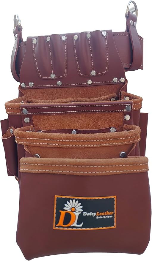 Daisy Leather PRO DL-101 Oil tanned Premium 25 pockets Heavy duty Tool Belt, Carpenter belt Pouch for Construction, Carpenter, Craftsman and Electricians workers, Black, X-Large (Cherry Leather)