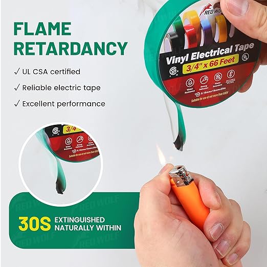 RED WOLF 10 Pack Green Electrical Tape 3/4 Inch x 66 Ft Industrial Grade UL/CSA Listed 7 Mil Thick Flame Retardant High Temp Waterproof Electrical PVC Tape Electric Super Vinyl Rated 600V