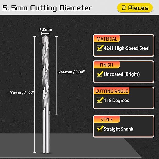 Drill Bit, 5.5mm Cutting Diameter, 4241 HSS 118° Cutting Angle Uncoated Bright Versatile Jobber Bits - (Applications: for Drilling Plastic Wood Soft Metal), 2-Pieces