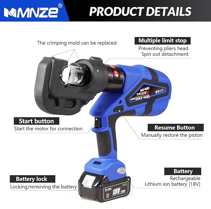 Electric Hydraulic Cable Lug Crimper Pliers Rechargeable Crimping Tool 12 Ton Electrical Terminal Cable Wire Fiber Crimper Kit with 12 Dies (MZ-MKZ-400)