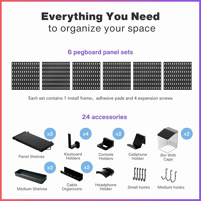 Keepo Pegboard Combination Kit, Pegboards and Accessories Modular Hanging for Gaming Setup, Gaming Station Peg Board, Gaming Organizer, Wall Game Controller Holder, Headset Stand (Black, 33″×22″)